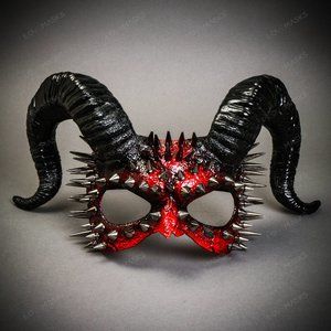 Bloody Red Demon Spikes Devil with Back Twisted Horns Masquerade Eye Mask
